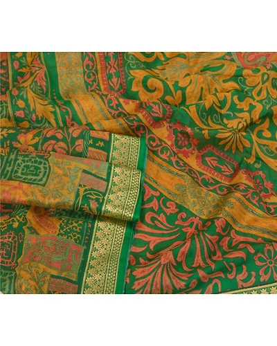 Sanskriti Vintage Green Printed Sarees Pure Silk Sari Floral 5Yd Craft Fabric, PR-58817-Green-Printed Floral Design-Pure Silk-1
