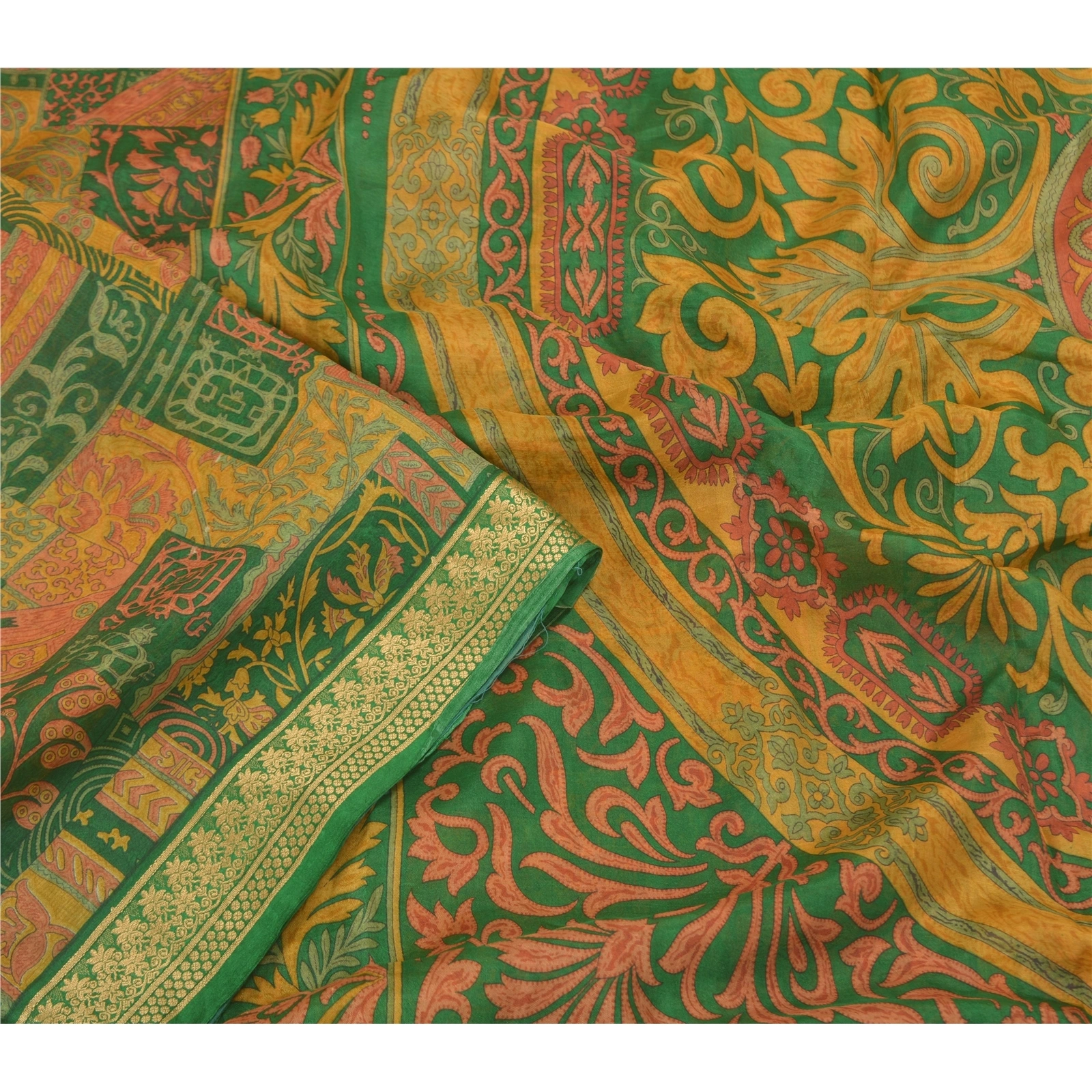 Sanskriti Vintage Green Printed Sarees Pure Silk Sari Floral 5Yd Craft Fabric, PR-58817-Green-Printed Floral Design-Pure Silk-2