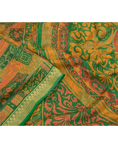Sanskriti Vintage Green Printed Sarees Pure Silk Sari Floral 5Yd Craft Fabric, PR-58817-Green-Printed Floral Design-Pure Silk-2