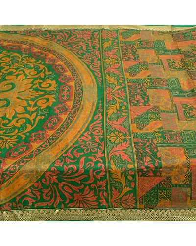 Sanskriti Vintage Green Printed Sarees Pure Silk Sari Floral 5Yd Craft Fabric, PR-58817-Green-Printed Floral Design-Pure Silk-3