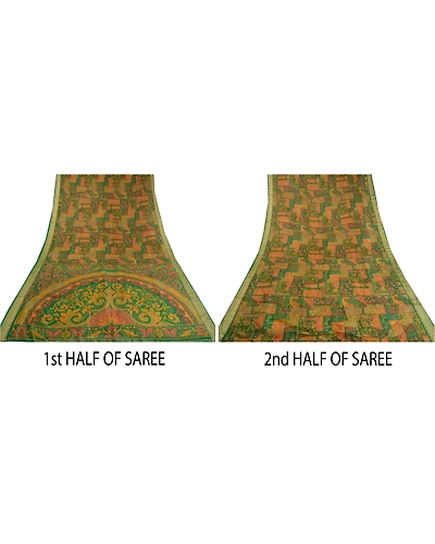 Sanskriti Vintage Green Printed Sarees Pure Silk Sari Floral 5Yd Craft Fabric, PR-58817-Green-Printed Floral Design-Pure Silk-4