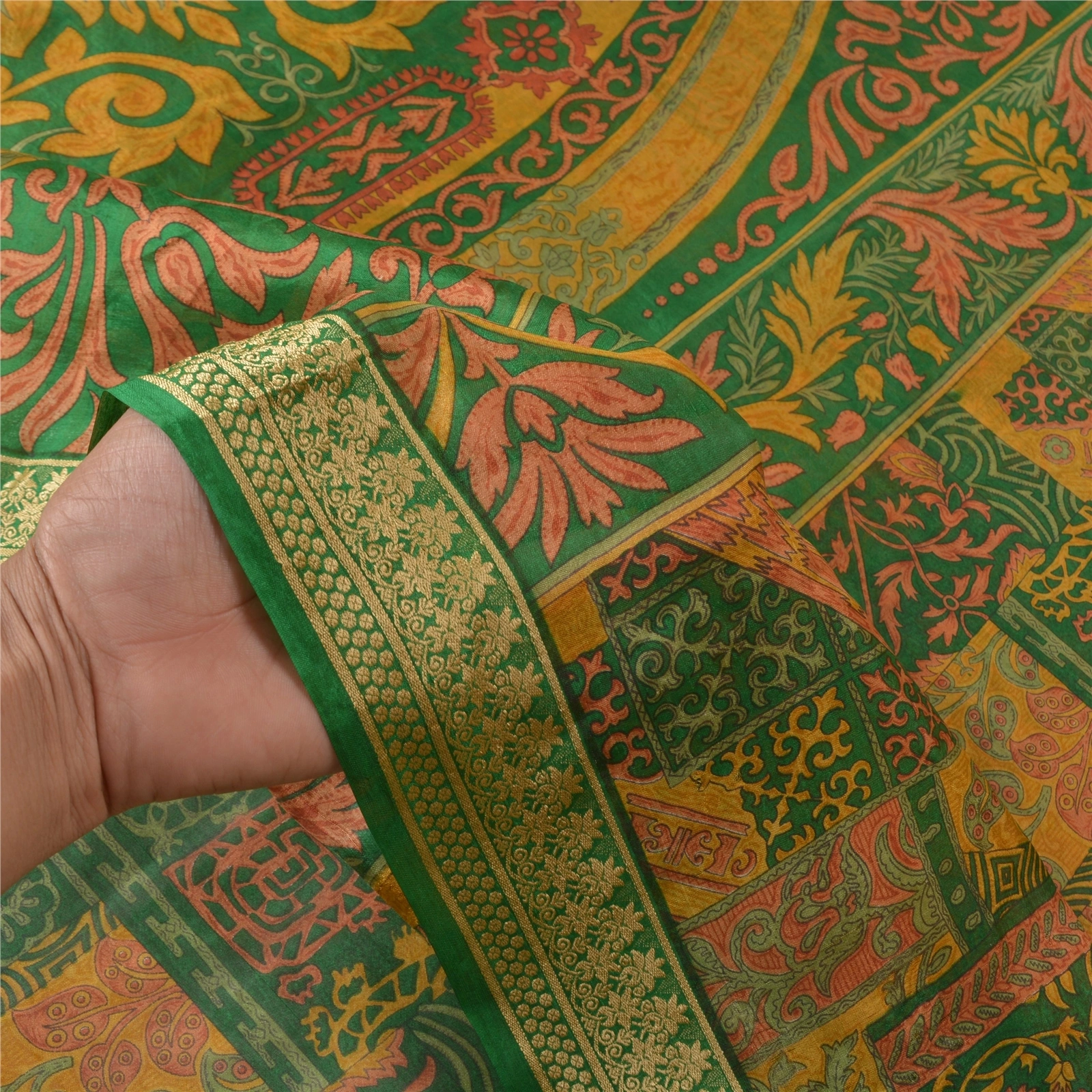 Sanskriti Vintage Green Printed Sarees Pure Silk Sari Floral 5Yd Craft Fabric, PR-58817-Green-Printed Floral Design-Pure Silk-5