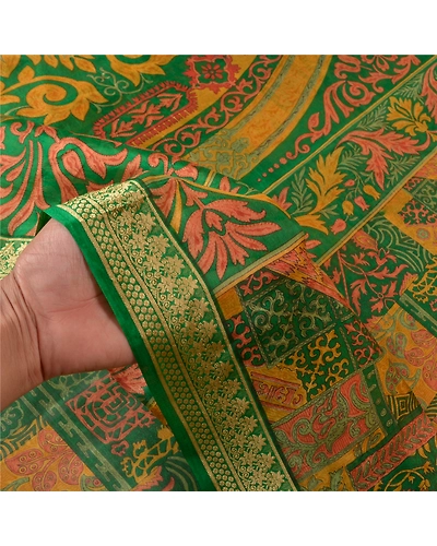 Sanskriti Vintage Green Printed Sarees Pure Silk Sari Floral 5Yd Craft Fabric, PR-58817-Green-Printed Floral Design-Pure Silk-5