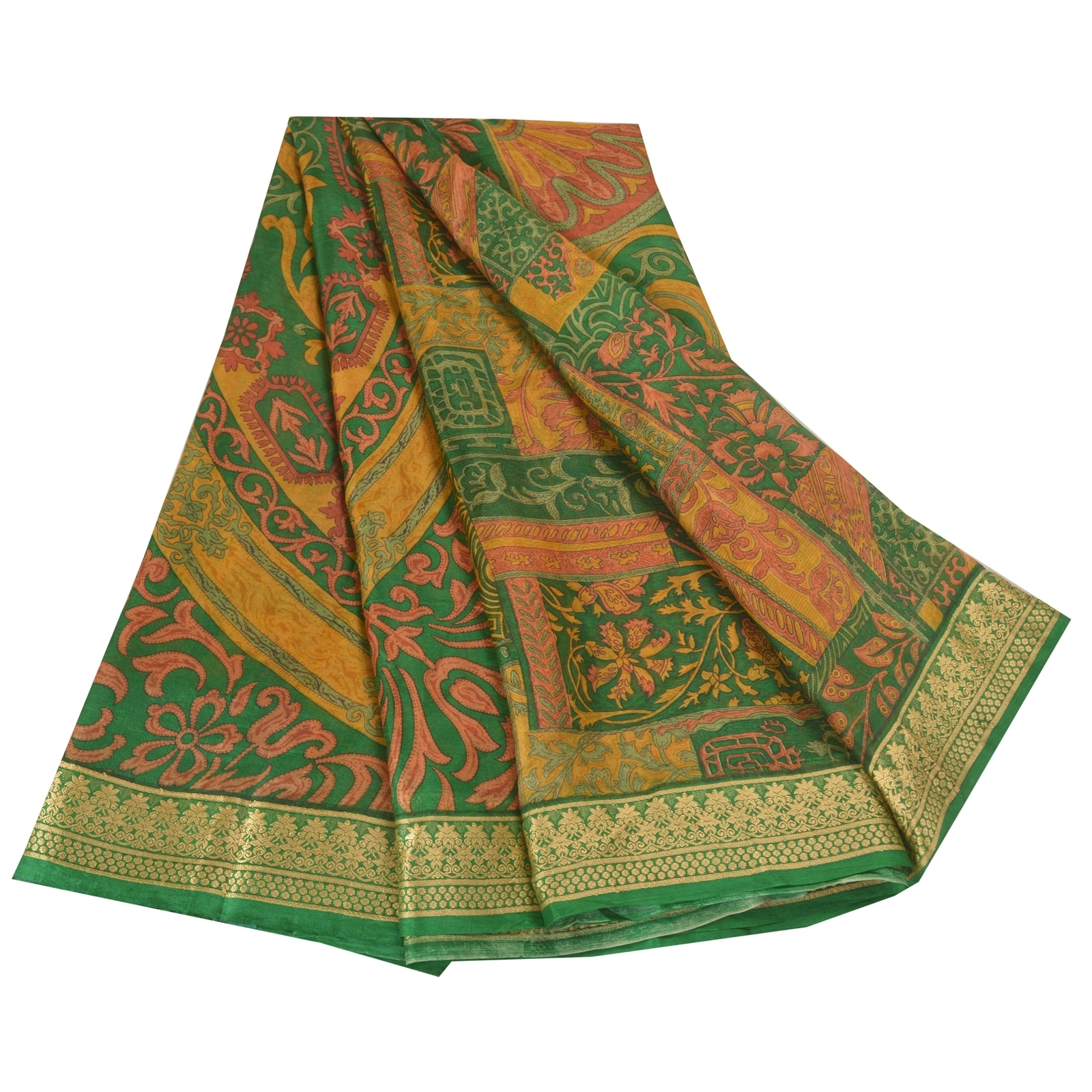 Sanskriti Vintage Green Printed Sarees Pure Silk Sari Floral 5Yd Craft Fabric, PR-58817-Green-Printed Floral Design-Pure Silk-6