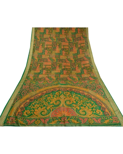 Sanskriti Vintage Green Printed Sarees Pure Silk Sari Floral 5Yd Craft Fabric, PR-58817-Green-Printed Floral Design-Pure Silk-7