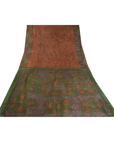 Sanskriti Vintage Brown Printed Sarees Pure Silk Sari Floral 5Yd Craft Fabric, PR-58821-Brown-Printed Abstract Design-Pure Silk-7