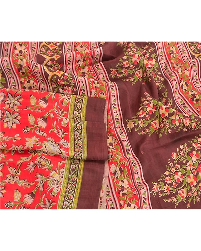 Sanskriti Vintage Red Printed Sarees Pure Silk Sari Floral 5Yd Craft Fabric, PR-58825-Red-Printed Floral Design-Pure Silk-2