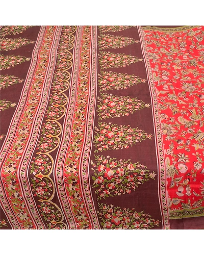 Sanskriti Vintage Red Printed Sarees Pure Silk Sari Floral 5Yd Craft Fabric, PR-58825-Red-Printed Floral Design-Pure Silk-3