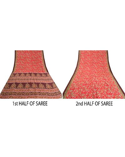 Sanskriti Vintage Red Printed Sarees Pure Silk Sari Floral 5Yd Craft Fabric, PR-58825-Red-Printed Floral Design-Pure Silk-4
