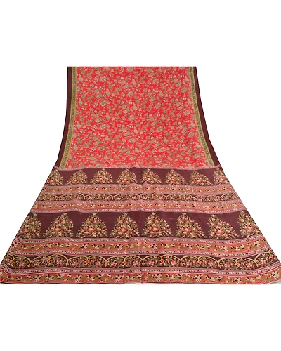 Sanskriti Vintage Red Printed Sarees Pure Silk Sari Floral 5Yd Craft Fabric, PR-58825-Red-Printed Floral Design-Pure Silk-7