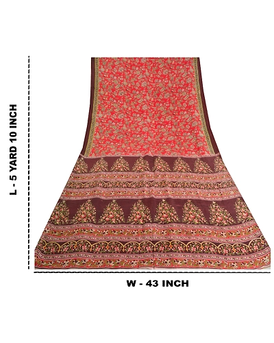Sanskriti Vintage Red Printed Sarees Pure Silk Sari Floral 5Yd Craft Fabric, PR-58825-Red-Printed Floral Design-Pure Silk-8