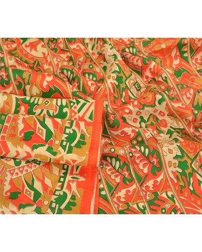 Sanskriti Vintage Sarees Indian Orange Pure Silk Printed Sari Soft Craft Fabric, PR-58831-Orange-Printed Floral Design-Pure Silk-2