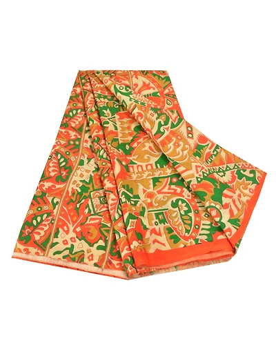 Sanskriti Vintage Sarees Indian Orange Pure Silk Printed Sari Soft Craft Fabric, PR-58831-Orange-Printed Floral Design-Pure Silk-6