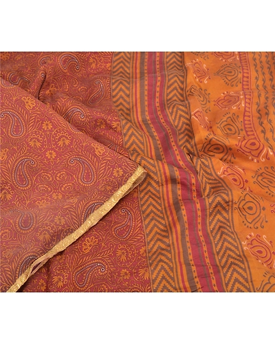 Sanskriti Vintage Sarees Dark Red Pure Silk Printed Sari Floral 5Yd Craft Fabric, PR-58833-Dark Red-Printed Floral Design-Pure Silk-1