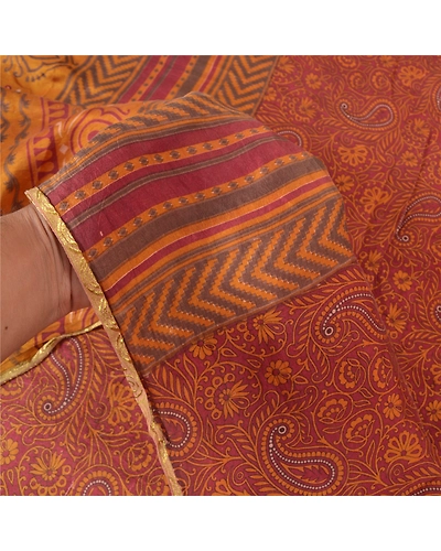 Sanskriti Vintage Sarees Dark Red Pure Silk Printed Sari Floral 5Yd Craft Fabric, PR-58833-Dark Red-Printed Floral Design-Pure Silk-5