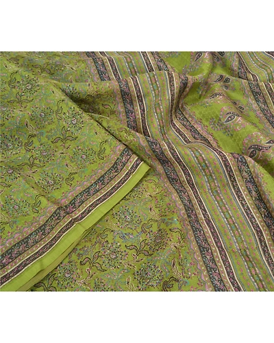 Sanskriti Vintage Sarees Green Pure Silk Printed Woven Sari Soft Craft Fabric, PR-58842-Green-Printed Floral Design-Pure Silk-1