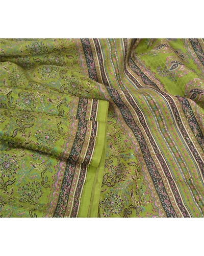 Sanskriti Vintage Sarees Green Pure Silk Printed Woven Sari Soft Craft Fabric, PR-58842-Green-Printed Floral Design-Pure Silk-2