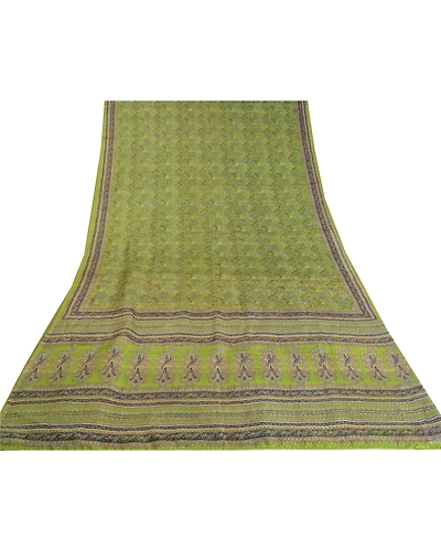 Sanskriti Vintage Sarees Green Pure Silk Printed Woven Sari Soft Craft Fabric, PR-58842-Green-Printed Floral Design-Pure Silk-7