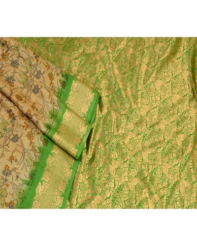 Sanskriti Vintage Sarees Green Pure Silk Printed Sari Floral 5Yd Craft Fabric, PR-58882-Green-Printed Floral Design-Pure Silk-2