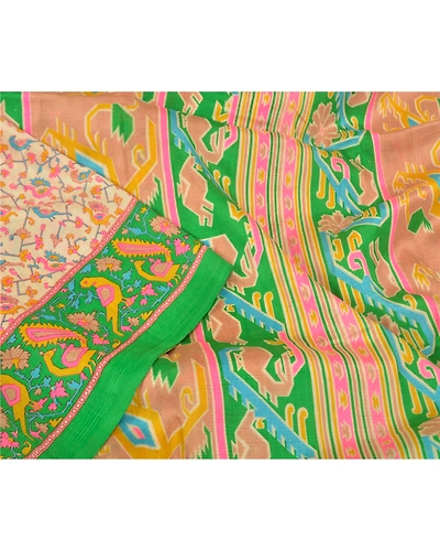 Sanskriti Vintage Sarees Cream Pure Silk Indian Printed Sari Floral Craft Fabric, PR-58886-Cream-Printed Floral Design-Pure Silk-2