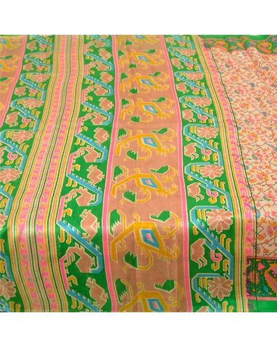Sanskriti Vintage Sarees Cream Pure Silk Indian Printed Sari Floral Craft Fabric, PR-58886-Cream-Printed Floral Design-Pure Silk-3