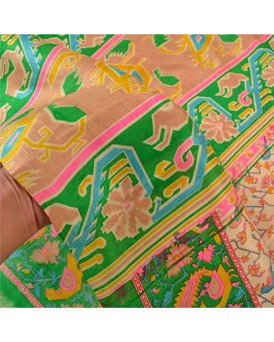 Sanskriti Vintage Sarees Cream Pure Silk Indian Printed Sari Floral Craft Fabric, PR-58886-Cream-Printed Floral Design-Pure Silk-5