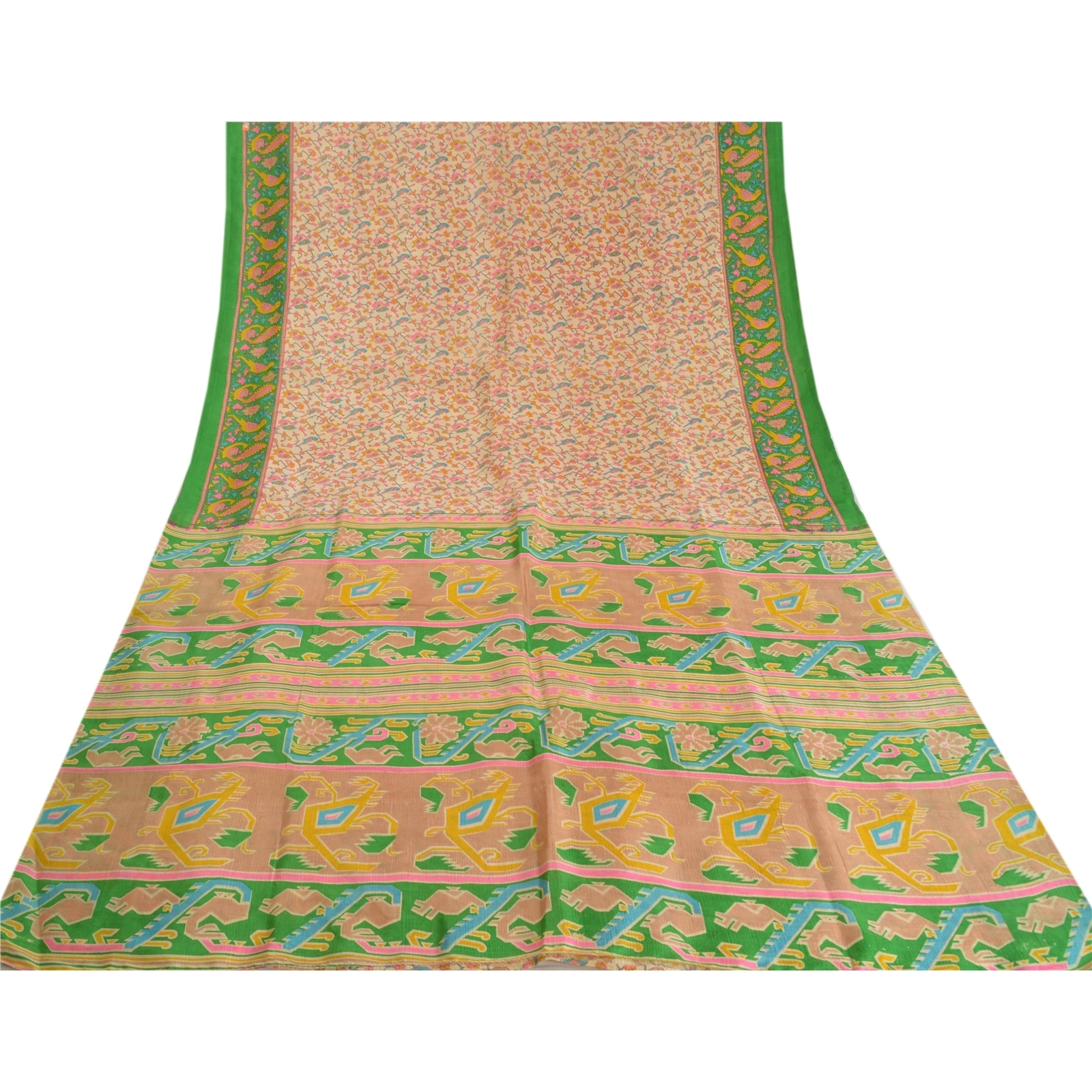 Sanskriti Vintage Sarees Cream Pure Silk Indian Printed Sari Floral Craft Fabric, PR-58886-Cream-Printed Floral Design-Pure Silk-7