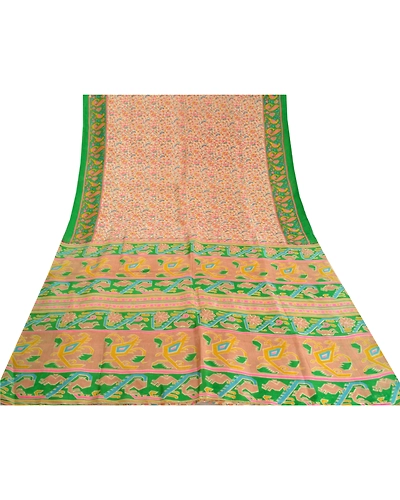 Sanskriti Vintage Sarees Cream Pure Silk Indian Printed Sari Floral Craft Fabric, PR-58886-Cream-Printed Floral Design-Pure Silk-7