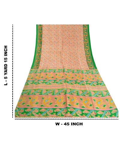 Sanskriti Vintage Sarees Cream Pure Silk Indian Printed Sari Floral Craft Fabric, PR-58886-Cream-Printed Floral Design-Pure Silk-8