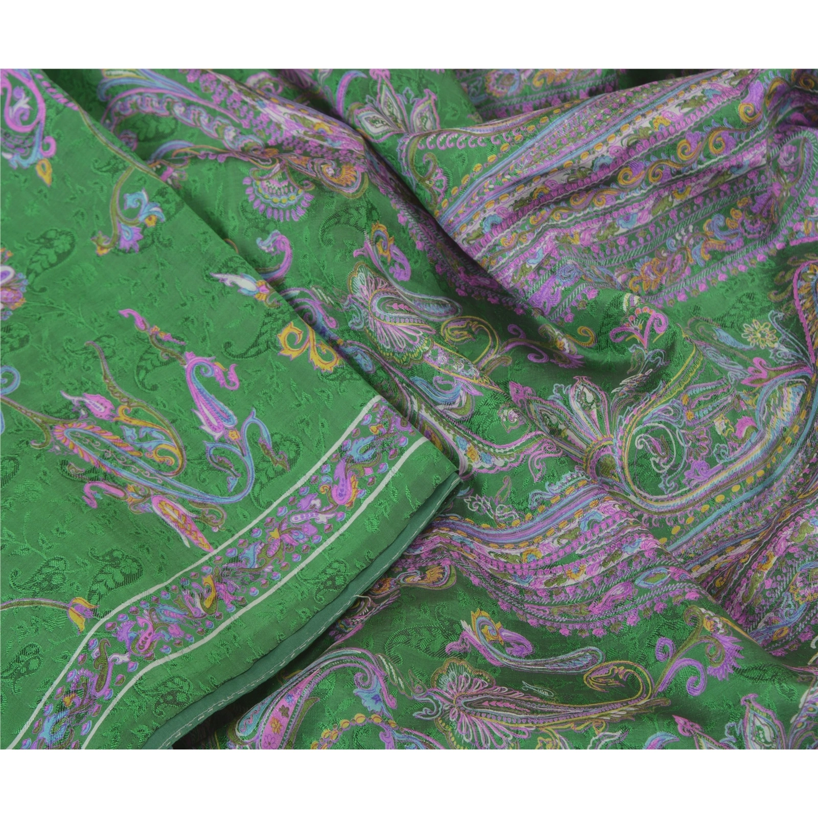 Sanskriti Vintage Sarees Green Pure Silk Indian Printed Sari Floral Craft Fabric, PR-58893-Green-Printed Floral Design-Pure Silk-2