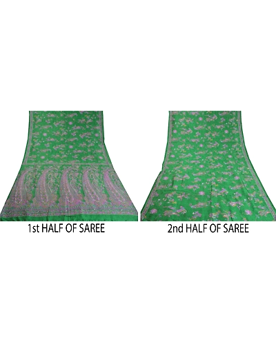 Sanskriti Vintage Sarees Green Pure Silk Indian Printed Sari Floral Craft Fabric, PR-58893-Green-Printed Floral Design-Pure Silk-4