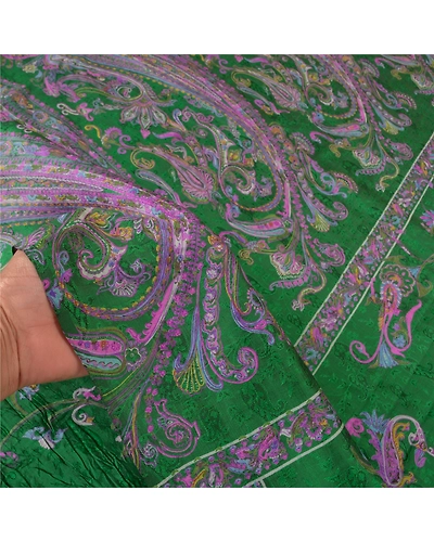 Sanskriti Vintage Sarees Green Pure Silk Indian Printed Sari Floral Craft Fabric, PR-58893-Green-Printed Floral Design-Pure Silk-5
