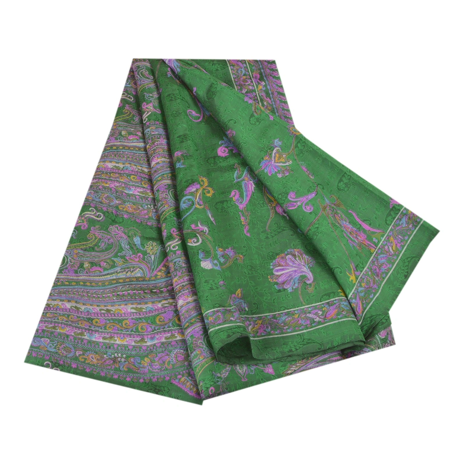 Sanskriti Vintage Sarees Green Pure Silk Indian Printed Sari Floral Craft Fabric, PR-58893-Green-Printed Floral Design-Pure Silk-6