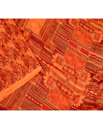 Sanskriti Vintage Saffron Indian Sarees Printed Pure Silk Sari 5Yd Craft Fabric, PR-58921-Saffron-Printed Floral Design-Pure Silk-2