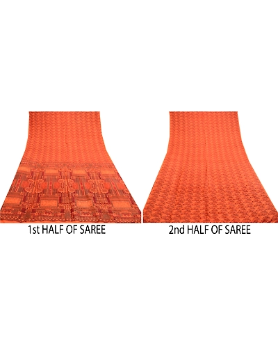 Sanskriti Vintage Saffron Indian Sarees Printed Pure Silk Sari 5Yd Craft Fabric, PR-58921-Saffron-Printed Floral Design-Pure Silk-4
