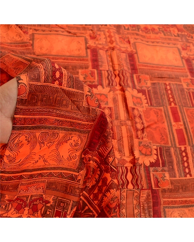Sanskriti Vintage Saffron Indian Sarees Printed Pure Silk Sari 5Yd Craft Fabric, PR-58921-Saffron-Printed Floral Design-Pure Silk-5