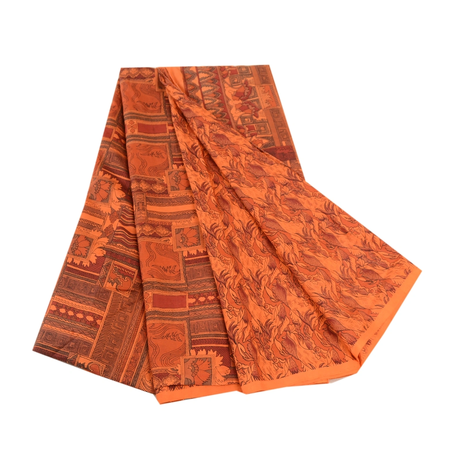 Sanskriti Vintage Saffron Indian Sarees Printed Pure Silk Sari 5Yd Craft Fabric, PR-58921-Saffron-Printed Floral Design-Pure Silk-6