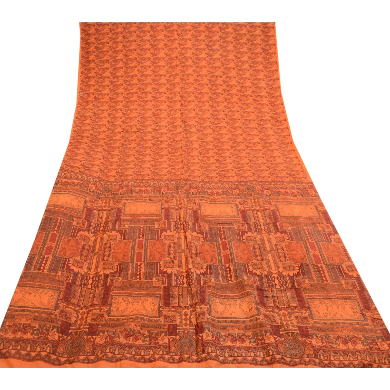 Sanskriti Vintage Saffron Indian Sarees Printed Pure Silk Sari 5Yd Craft Fabric, PR-58921-Saffron-Printed Floral Design-Pure Silk-7