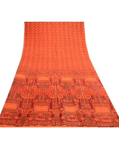 Sanskriti Vintage Saffron Indian Sarees Printed Pure Silk Sari 5Yd Craft Fabric, PR-58921-Saffron-Printed Floral Design-Pure Silk-7