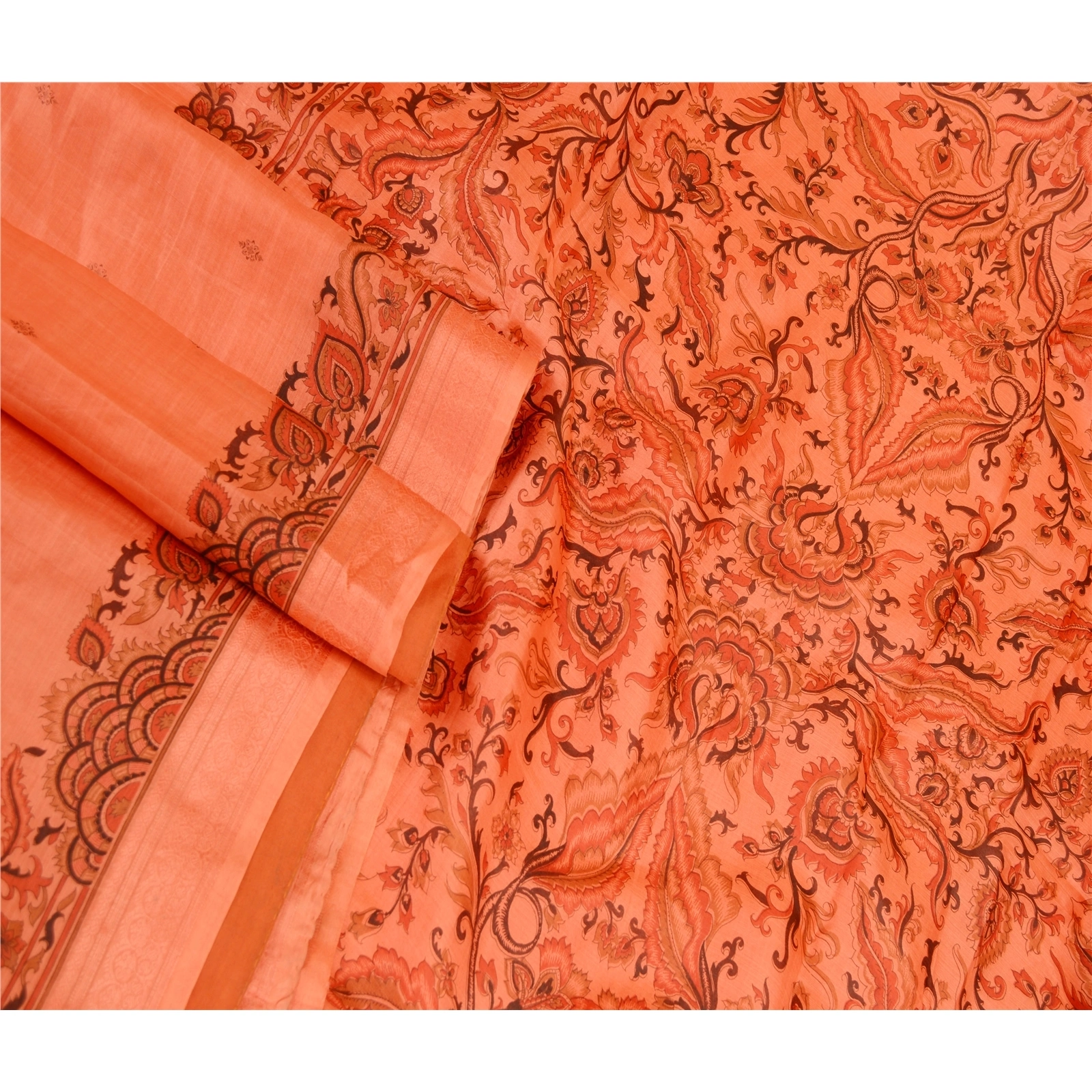 Sanskriti Vintage Peach Indian Sarees 100% Pure Silk Printed Sari Craft Fabric, PR-58954-Peach-Printed Floral Design-Pure Silk-2