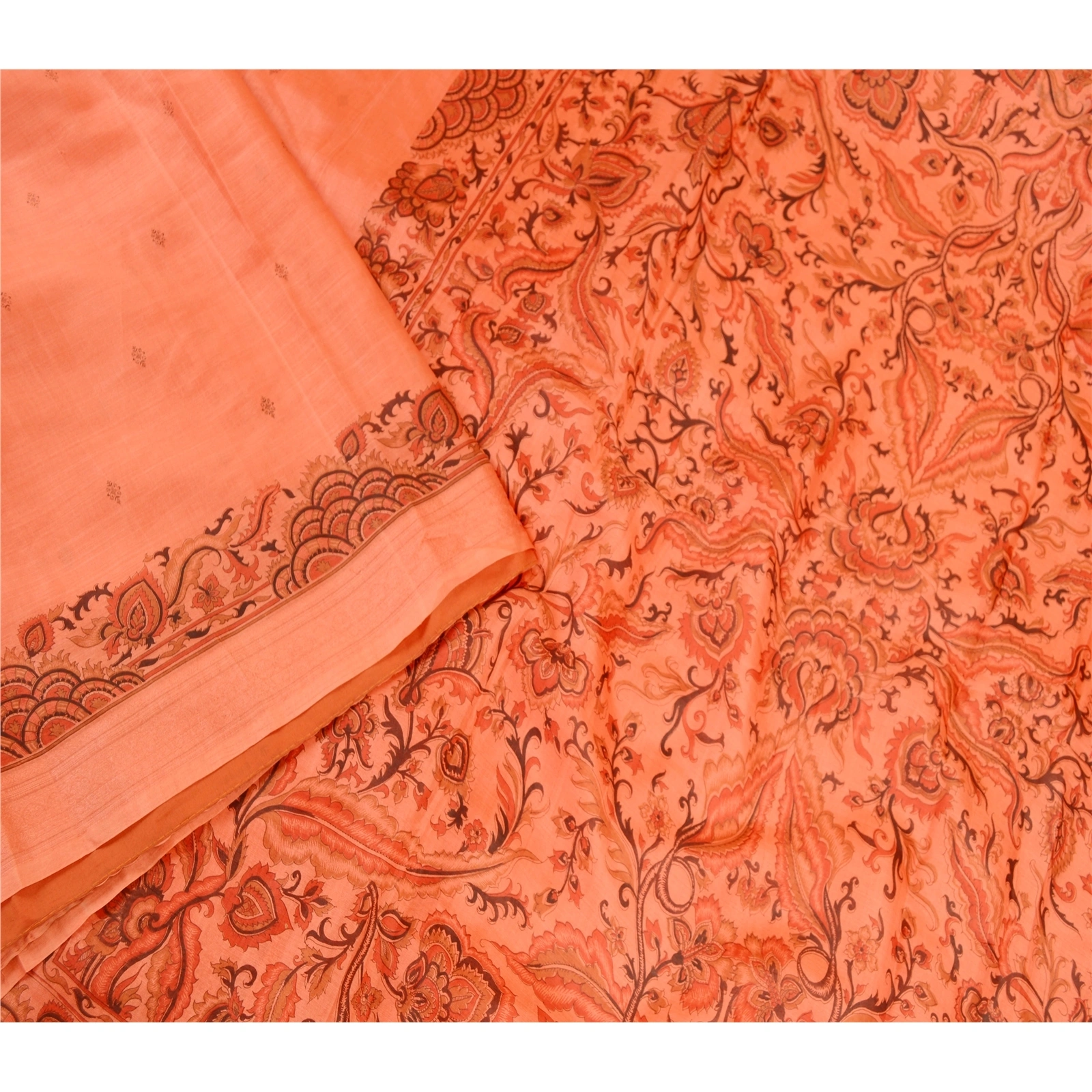 Sanskriti Vintage Peach Indian Sarees 100% Pure Silk Printed Sari Craft Fabric, PR-58954-Peach-Printed Floral Design-Pure Silk-3