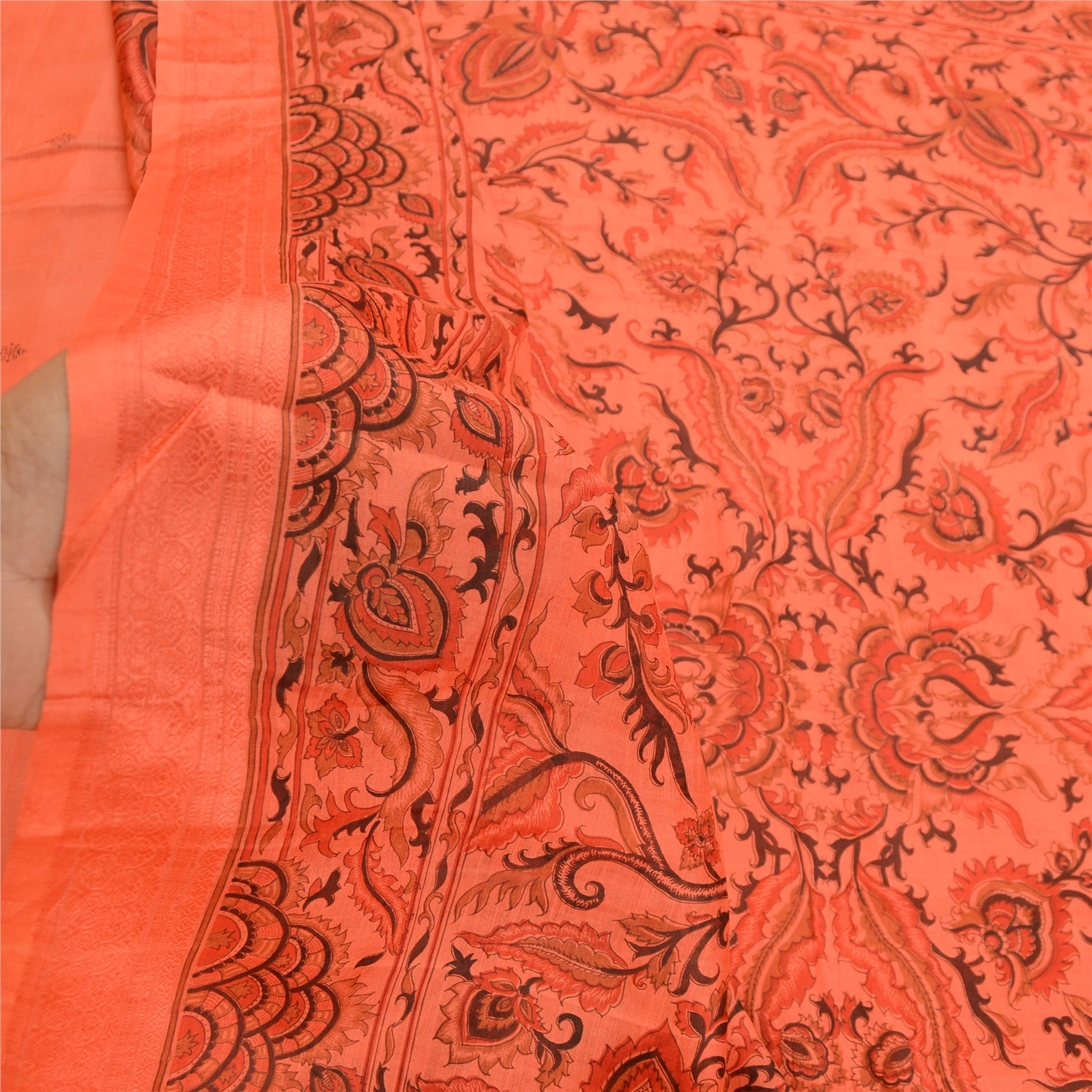 Sanskriti Vintage Peach Indian Sarees 100% Pure Silk Printed Sari Craft Fabric, PR-58954-Peach-Printed Floral Design-Pure Silk-6