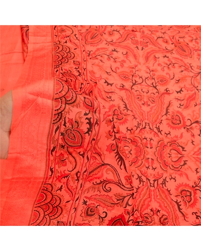 Sanskriti Vintage Peach Indian Sarees 100% Pure Silk Printed Sari Craft Fabric, PR-58954-Peach-Printed Floral Design-Pure Silk-6