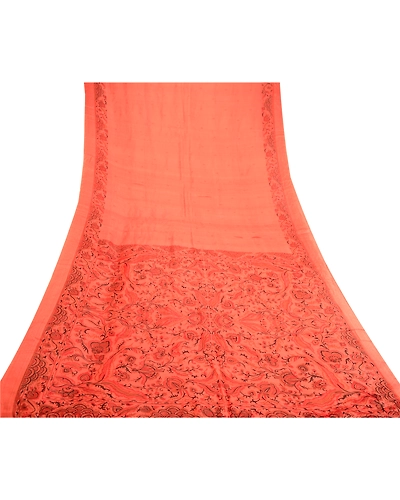 Sanskriti Vintage Peach Indian Sarees 100% Pure Silk Printed Sari Craft Fabric, PR-58954-Peach-Printed Floral Design-Pure Silk-8