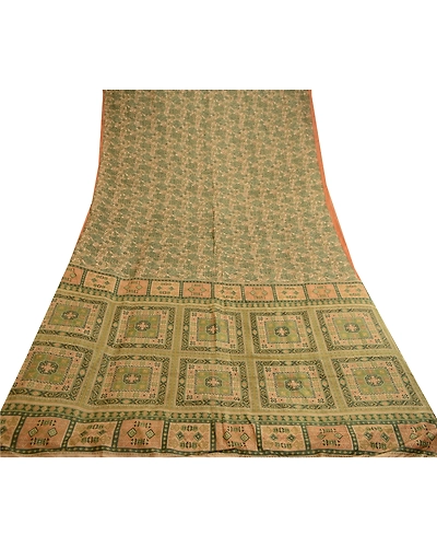 Sanskriti Vintage Green Indian Sarees 100% Pure Silk Printed Sari Craft Fabric, PR-58955-Green-Printed Floral Design-Pure Silk-7