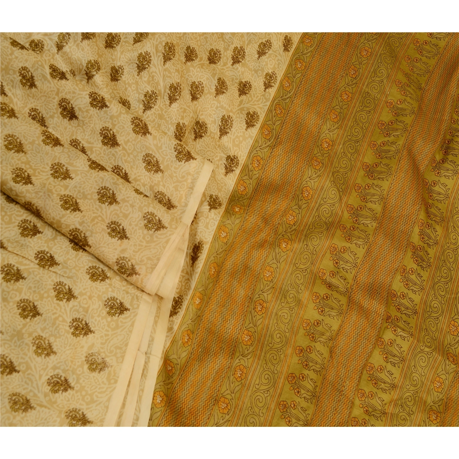 Sanskriti Vintage Cream Sarees 100% Pure Silk Printed Sari Floral Craft Fabric, PR-58979-Cream-Printed Floral Design-Pure Silk-2