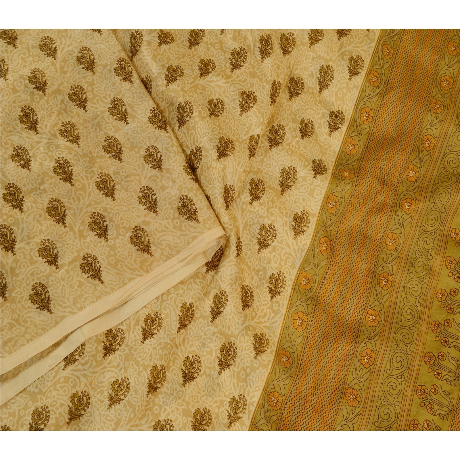 Sanskriti Vintage Cream Sarees 100% Pure Silk Printed Sari Floral Craft Fabric, PR-58979-Cream-Printed Floral Design-Pure Silk-3