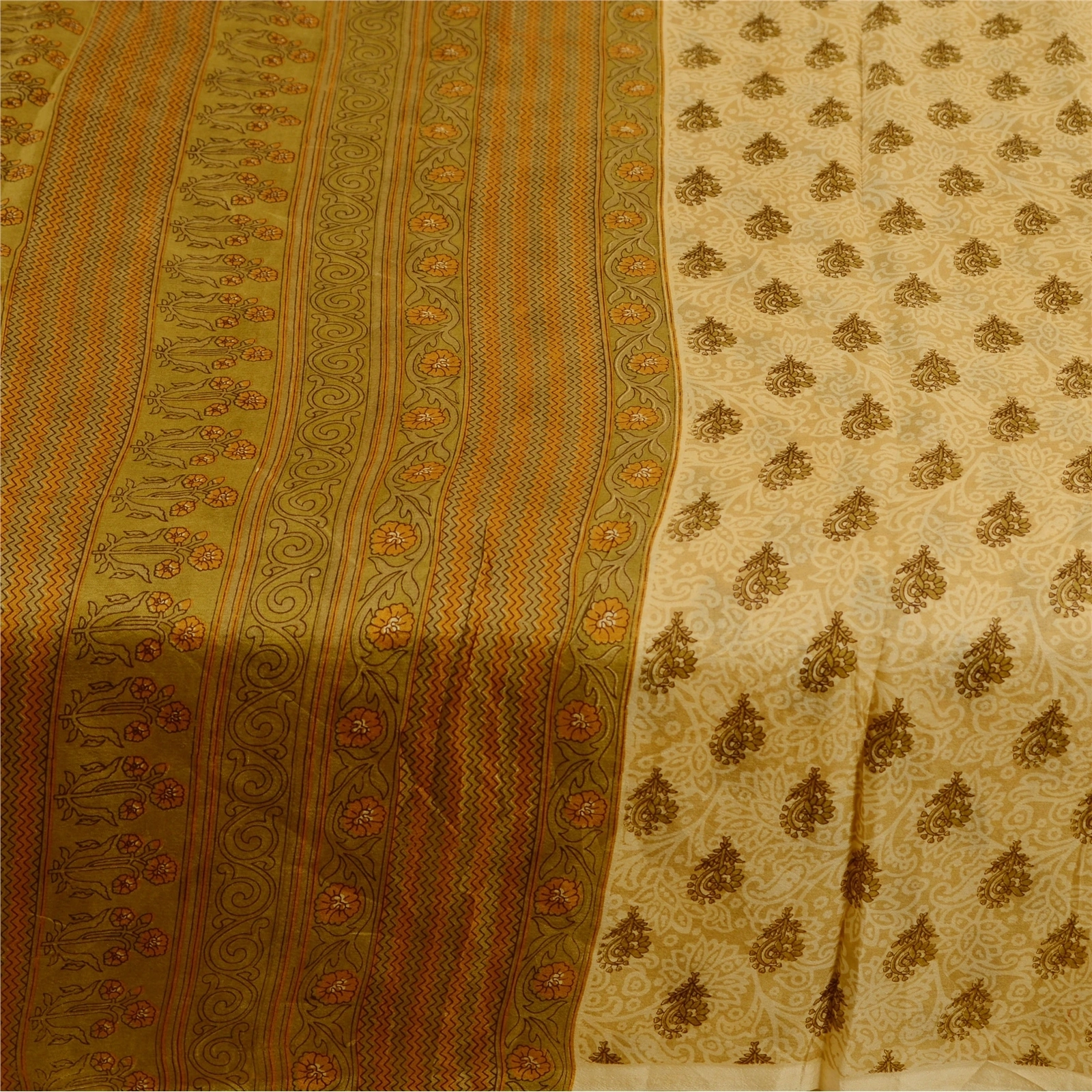 Sanskriti Vintage Cream Sarees 100% Pure Silk Printed Sari Floral Craft Fabric, PR-58979-Cream-Printed Floral Design-Pure Silk-4