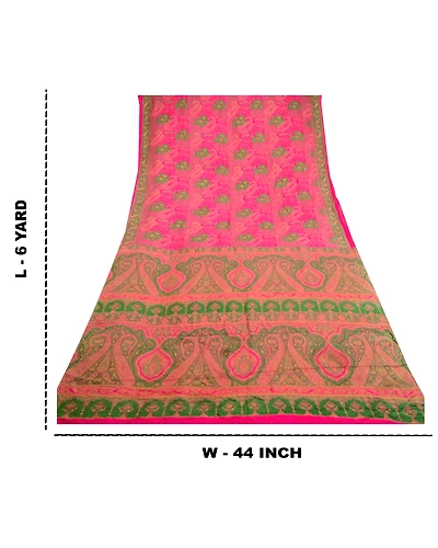 Sanskriti Vintage Sarees Hot Pink Pure Silk Printed Woven Sari 5Yd Craft Fabric, PR-58988-Hot Pink-Printed Floral Design-Pure Silk-8