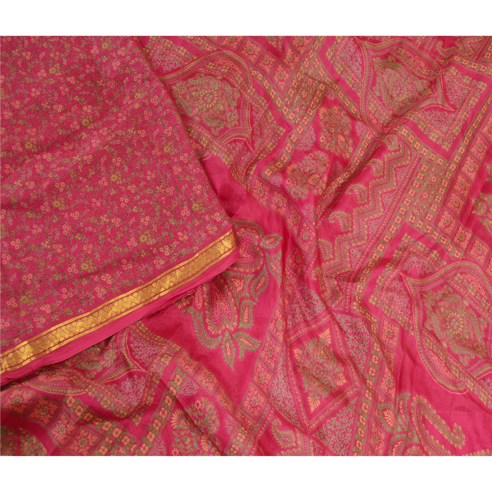 Sanskriti Vintage Pink Sarees 100% Pure Silk Printed Sari 5Yd Soft Craft Fabric, PR-59000-Pink-Printed Floral Design-Pure Silk-2